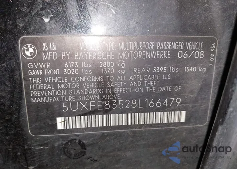 2008 BMW X5 4.8I z USA, uszkodzony, nr VIN 5UXFE83528L166479